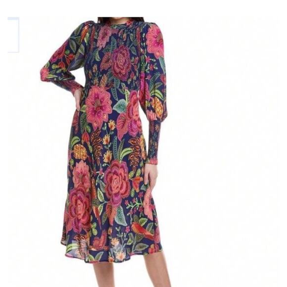 FARM Rio Macaw Bloom Floral Smocked Mock Neck Juliet Sleeve Dress - Picture 2 of 7